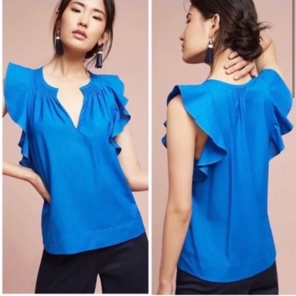 Anthropologie HD in Paris Emi Royal Blue Batwing Cotton Ruffle Tank Top Size 2